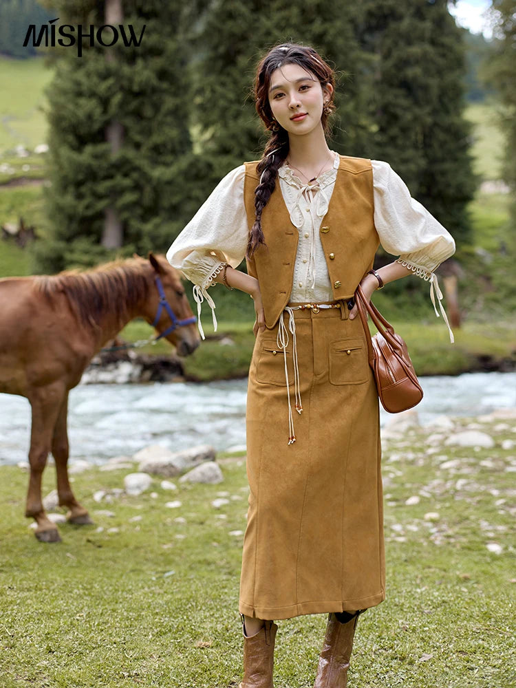 MISHOW Retro High Waist Suede Midi Skirt for Women Autumn 2024 Symmetrical Lip Pouch Skirts Slim Solid A-LINE Skirt MXD41B0486