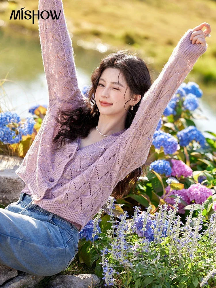 MISHOW French Knit Cardigan Women Separately 2025 Spring New Korean Casual Diamond Plaid Sweet V Neck Hollow Sweater MXE11Z1198