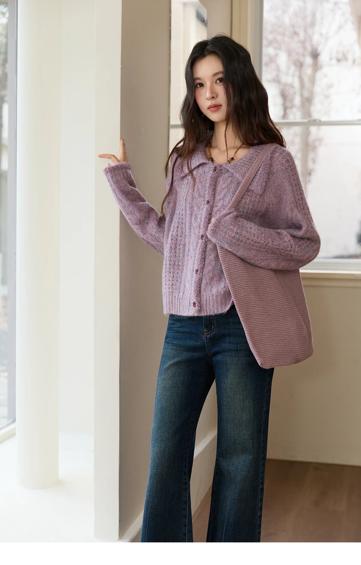 MISHOW Cardigans Ladies 2025 Winter Loose Retro Purple Turn-down Collar Imitation Mink Sweater Commute knit Top MXE88Z2616