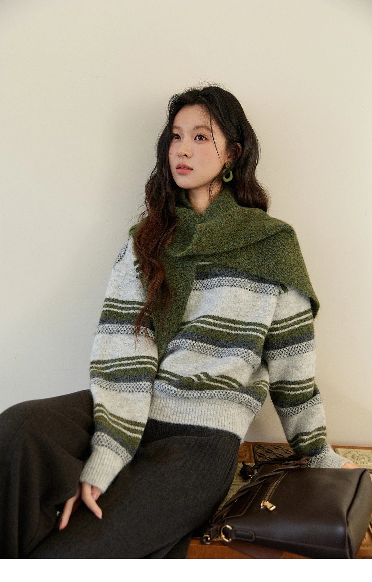 MISHOW Women's Wool Blend Retro Striped Sweater with Scarf Set 2025 Winter Knitted Round Neck Warm Loose Sweaters MXE94Z2987