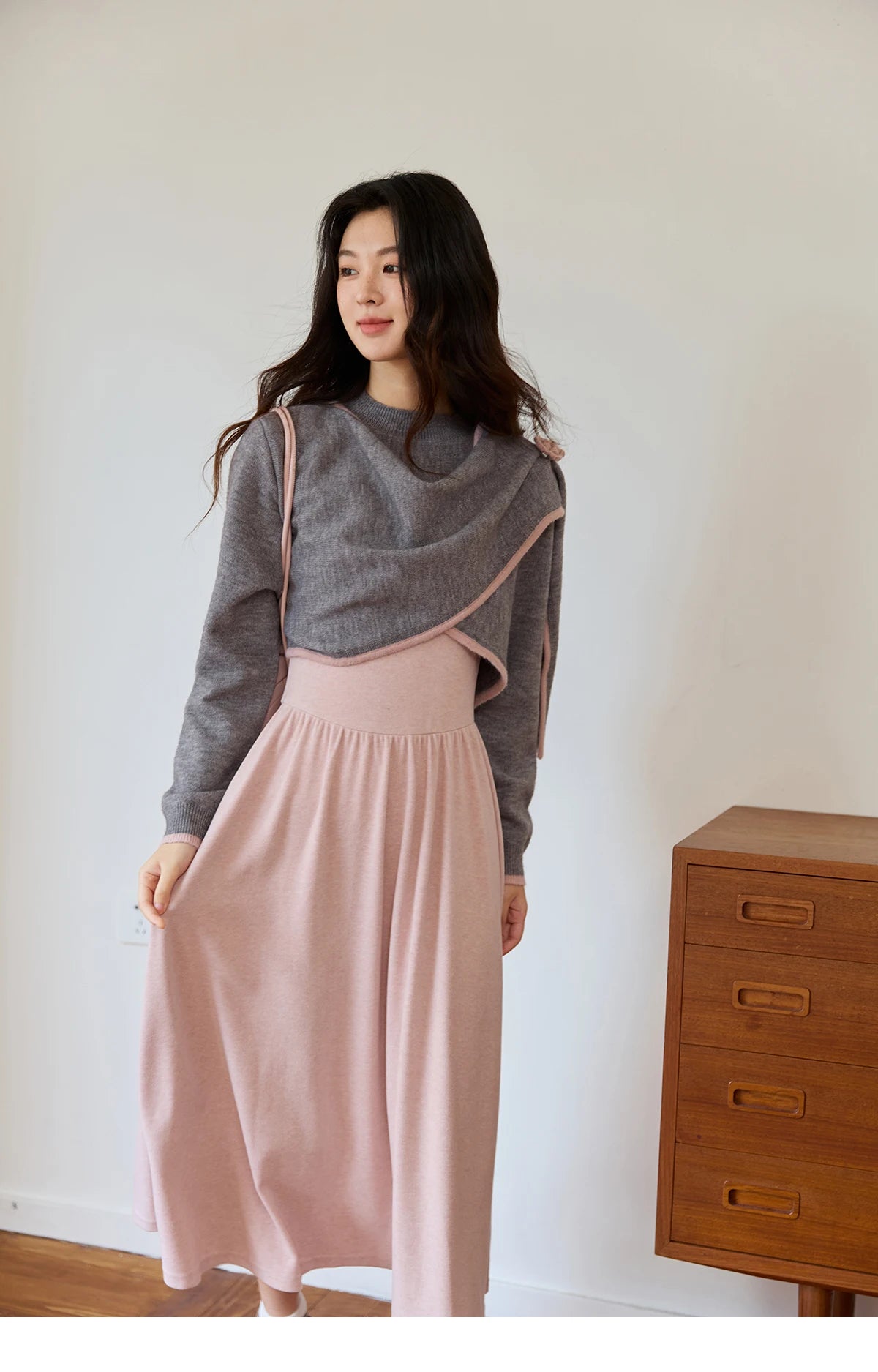 MISHOW Women's Knitted Suit 2025 Autumn Sweet Style Irregular Round Neck Top Pink Suspender Dress Slim Two-piece SuitMXE49T1397