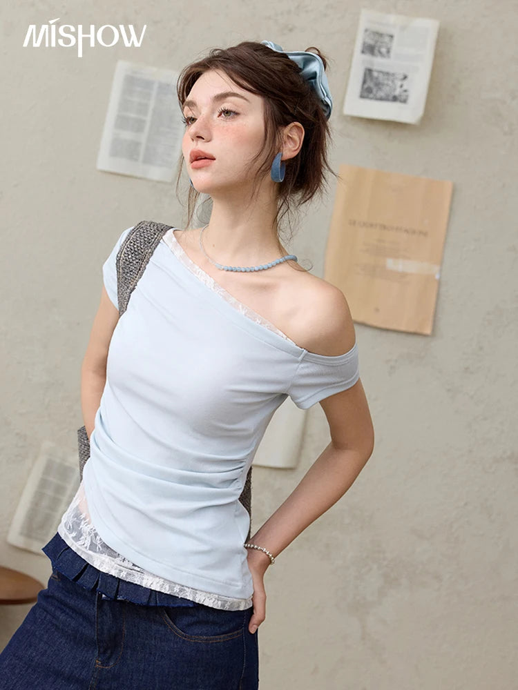 MISHOW Sexy Summer New T-shirts Women 2025 Short Sleeve Skew Collar Off-shoulder Lace Shirt Female Versatile Thin MXE31T0503