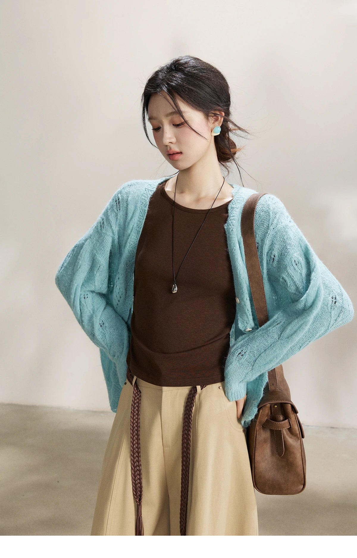 MISHOW Women's Blue Hollow Out Knit Cardigan 2026 Spring V Neck Wool Blend Tops Single Breasted Casual Thin Sweater MXF13Z2975