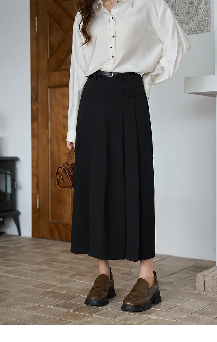 MISHOW Women's Midi Skirt 2023 Autumn Academy Pleated Commuter A-LINE Pockets Solid Split Back Hem Mid-Calf Skirts MXC42B0118
