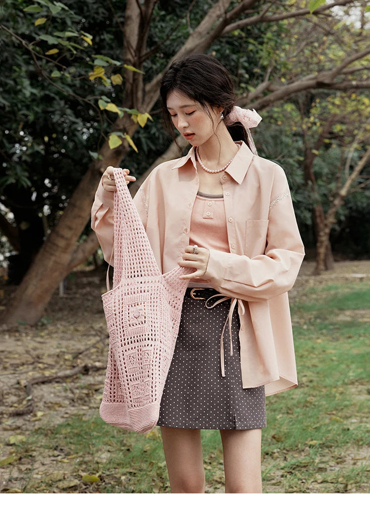 MISHOW Pink Long Sleeve Shirt for Women Spring 2025 Korean Splicing Lace Bow Tie Shirt Polo-neck Solid Versatile Tops MXE16C0767