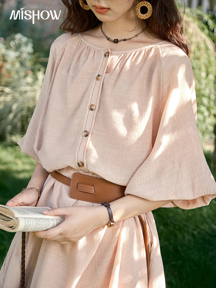 MISHOW French Retro Midi Length Sleeves Dress Summer O-neck Single Breasted Dresses Casual Tea Break Dress with Belt MXE39L2409