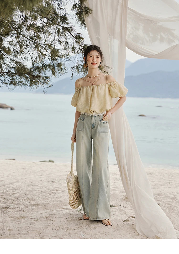 MISHOW French Summer Camisole Shirt Female 2025 New Solid Off-shoulder Short Sleeve Lace Tops Fashion Gentle Blouses MXE33X1755