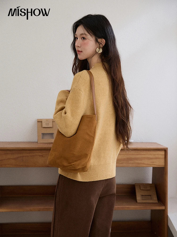 MISHOW Women V-neck Knit Top 2025 French-style Elegant Workwear Long-sleeved Yellow Pullover Women's Winter Clothing MXE87Z2771