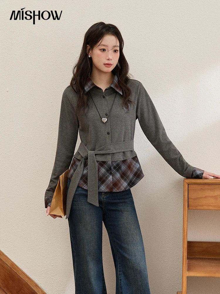 MISHOW Women's Shirt 2025 Autumn Winter Fake Two-piece Plaid Patchwork Knit Top Lapel Waist Tie Embroidery Design Top MXE89C2421