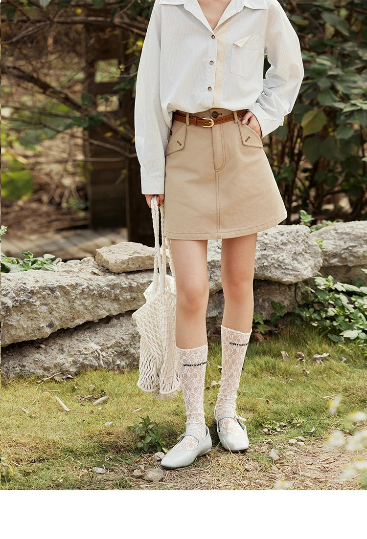 MISHOW Khaki A-line Short Skirt Spring 2025 100Cotton High Waist Versatile Skirt Zipper Pockets Skirt (Not with Belt) MXE15B0696