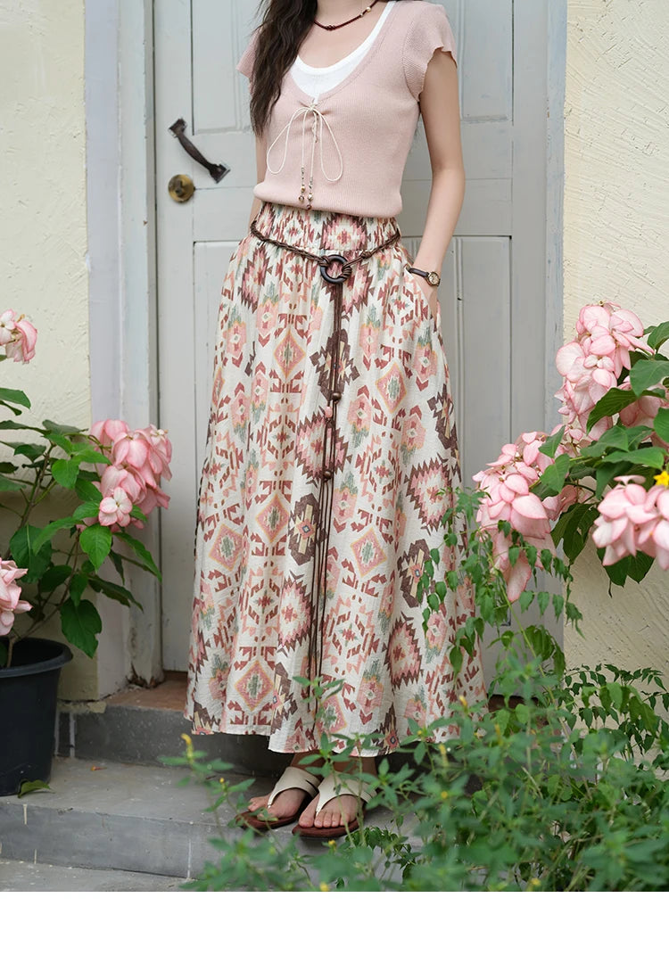 MISHOW Women's Geometric Print Half Skirt 2025 Summer Retro Prairie Chic Pocket Vacation A-line Skirt Female Clothing MXE37B0760