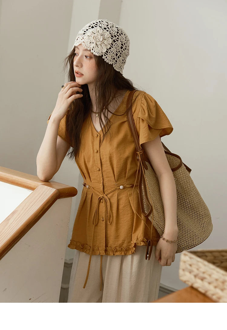 MISHOW Women's Petal Sleeve Slim Shirt 2025 Summer New V-neck Button Bead belt Black Fungus Edge Top Ladies Clothing MXE39X1881