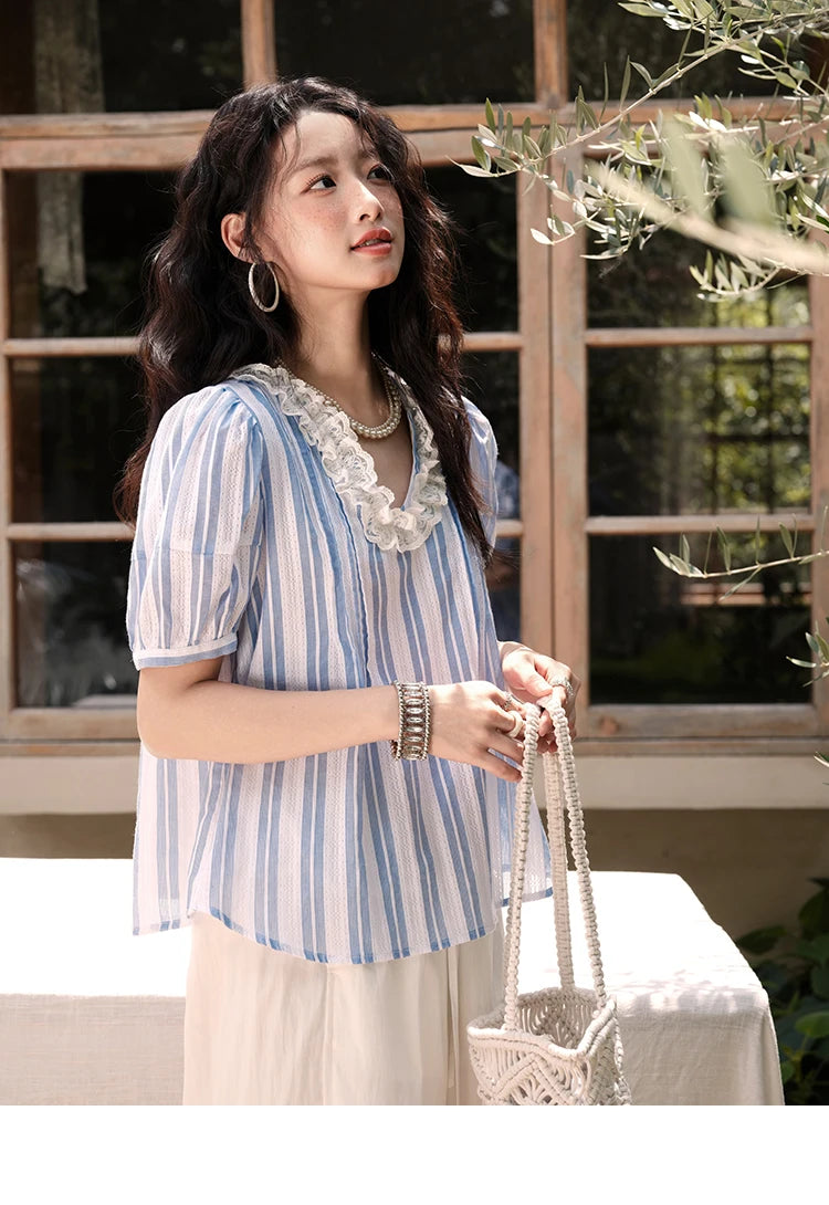 MISHOW 2025 Summer New 100% Cotton Striped Blouse Women Fashion Lantern Sleeve Lace V-neck Casual Top Ladies Clothing MXE36X1845