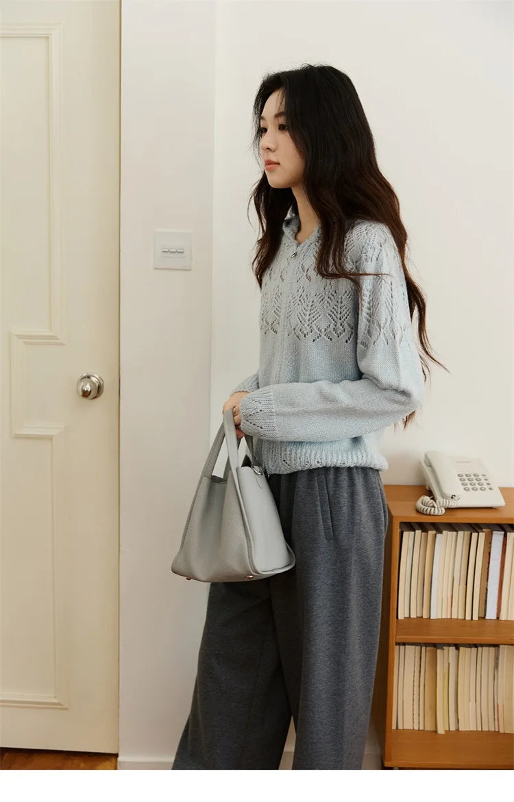 MISHOW Women's Autumn Cardigan 2025 New Loose Blue Hollow Knitted Cardigan Commute Hooded Short Zipper Sweater MXE46Z2584