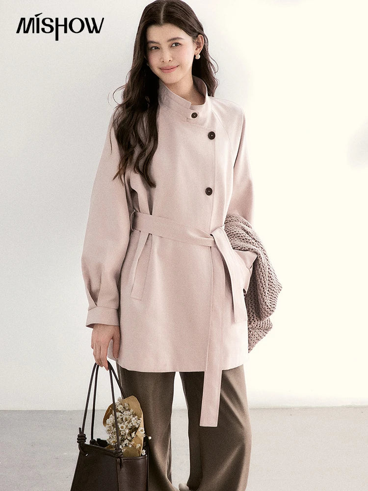 MISHOW Women's Dusty Pink Trench 2026 Spring Stand Collar Belted Coats Raglan Sleeve Casual Mid-Length Windbreaker MXF108W1002