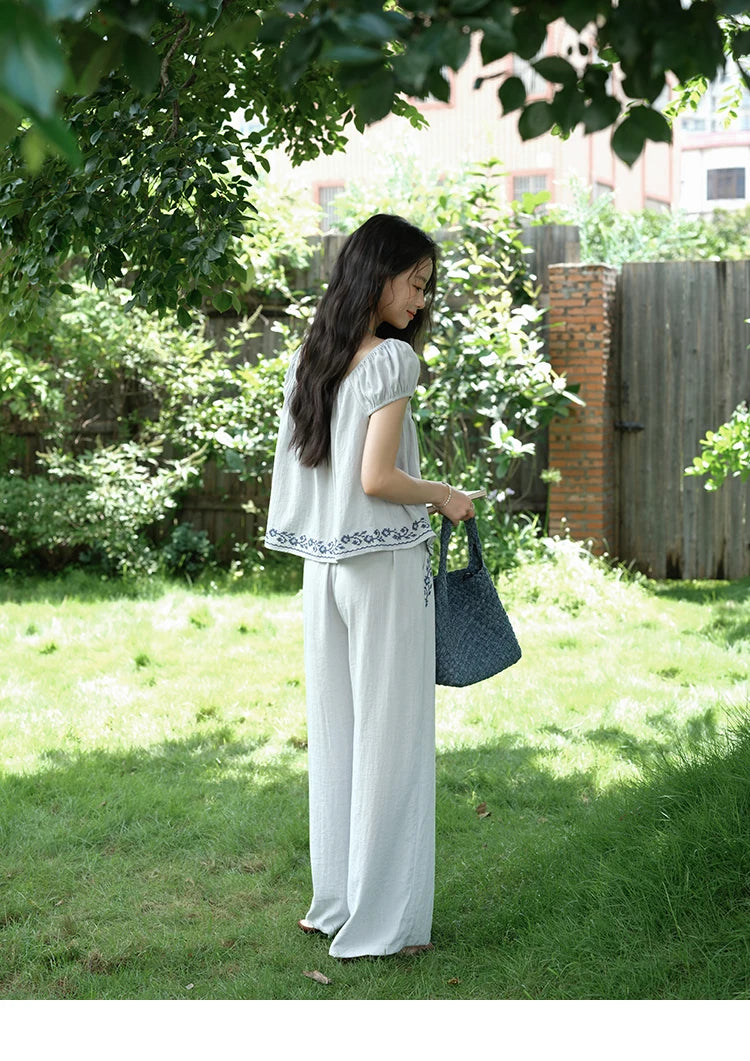 MISHOW Women's Two Piece Set 2025 Summer New Embroidery Flower Round Neck Blouse Fashion Pocket Wide Leg Pants Set MXE39T0669