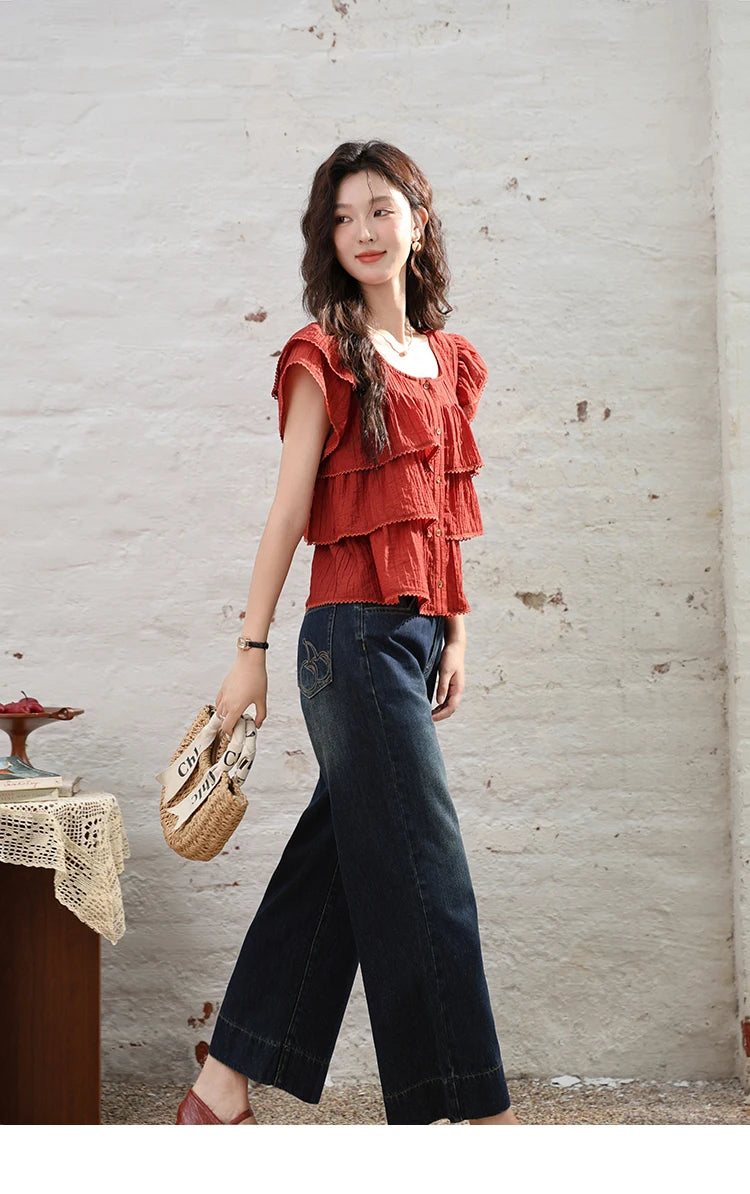 MISHOW Women's French Square Collar Blouses 2024 Summer Retro Red Ruffle Lace Cake Top Puff Sleeve Solid Sweet Blouse MXD30X1488