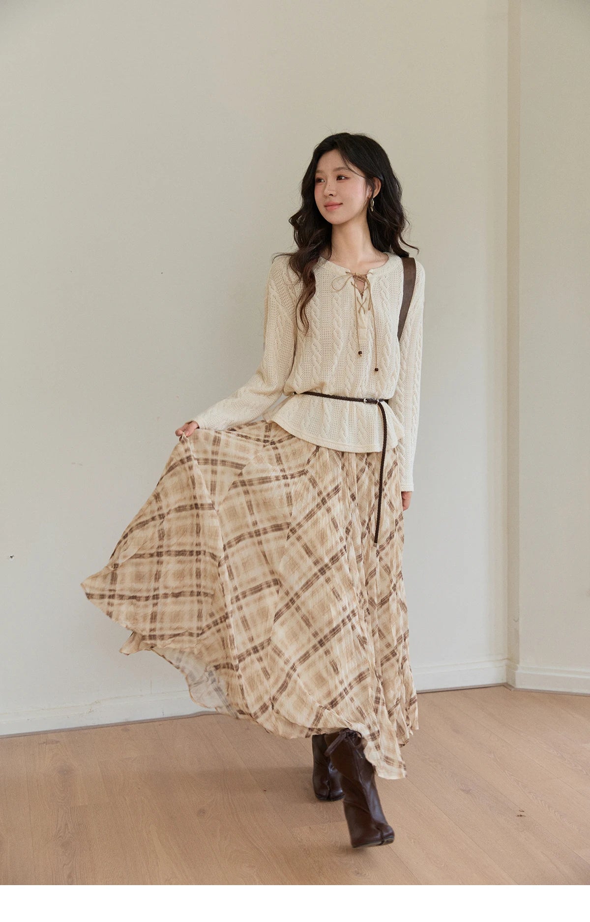 MISHOW Women's Beige Apricot Knitted Sweater 2026 Spring V-Neck Lace-Up Cable Knit Casual Loose Top Excluding Belt MXF108Z1029