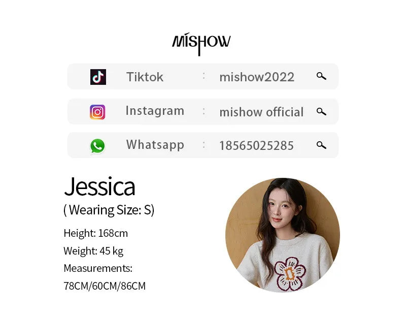 MISHOW Women's Beige Knitted Sweater 2025 Winter Flower Pattern Letter Print Tops O-neck Loose Warm Pullover Sweater MXE91Z2869