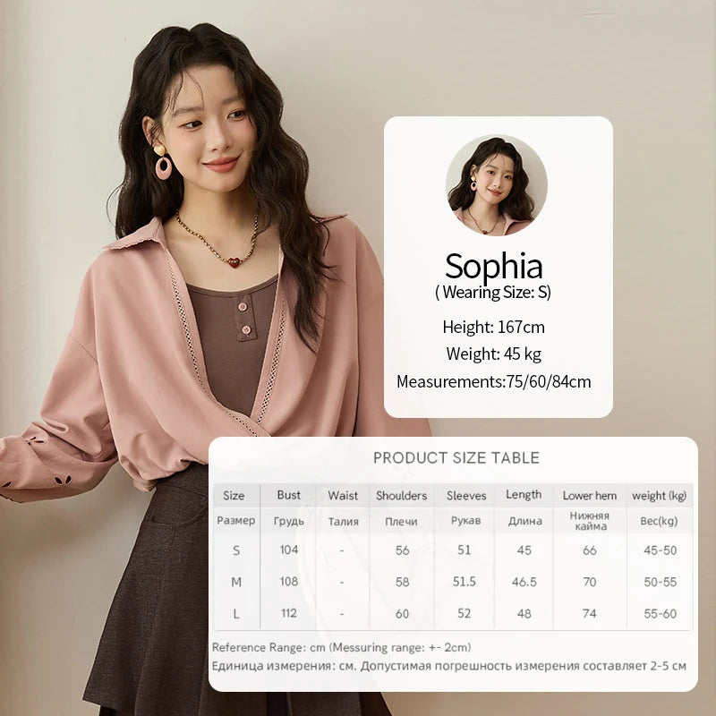 MISHOW Elegant Woman Blouse 2025 Autumn Loose Fitting Fake Two-piece Contrasting Color V-neck Tops Ladies Clothing MXE45C2403