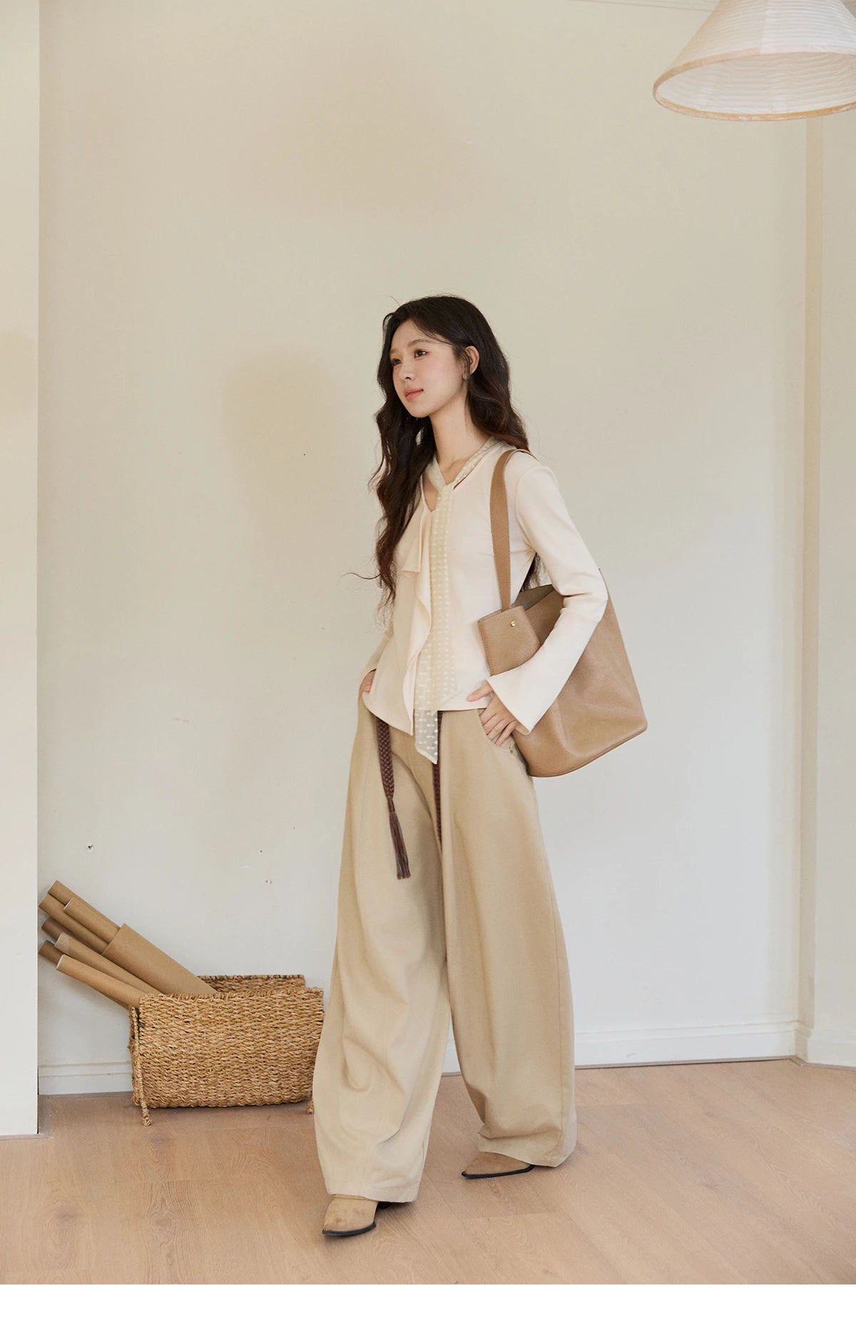 MISHOW Women's V-neck Splicing Lace Ribbon Long Sleeve Tops Spring Ruffled Asymmetrical Hem Flare Sleeve Knitwear MXF108Z1016