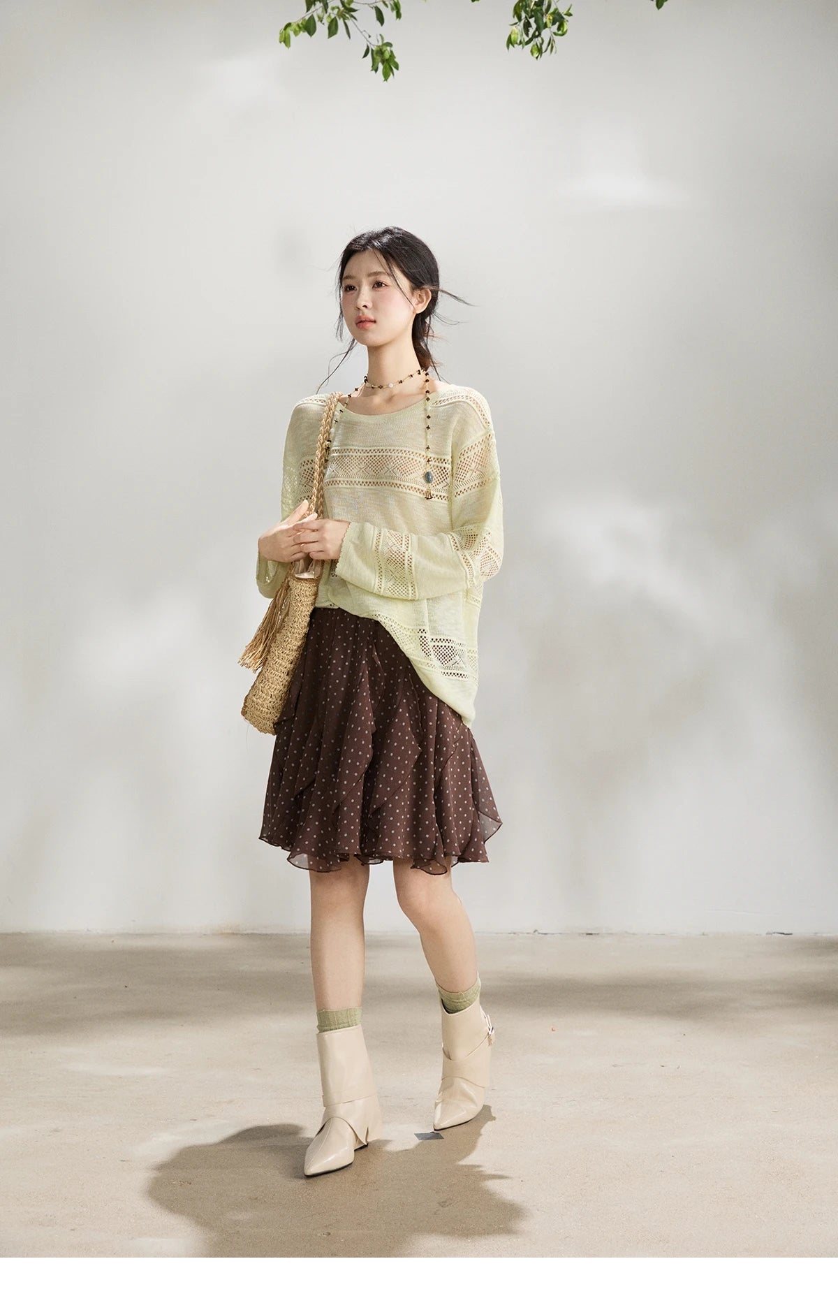 MISHOW Women's Pale Yellow Knit Top 2026 Spring Crew Neck Hollow Out Striped thin tops Casual Loose Sheer Sweater MXF13Z3020