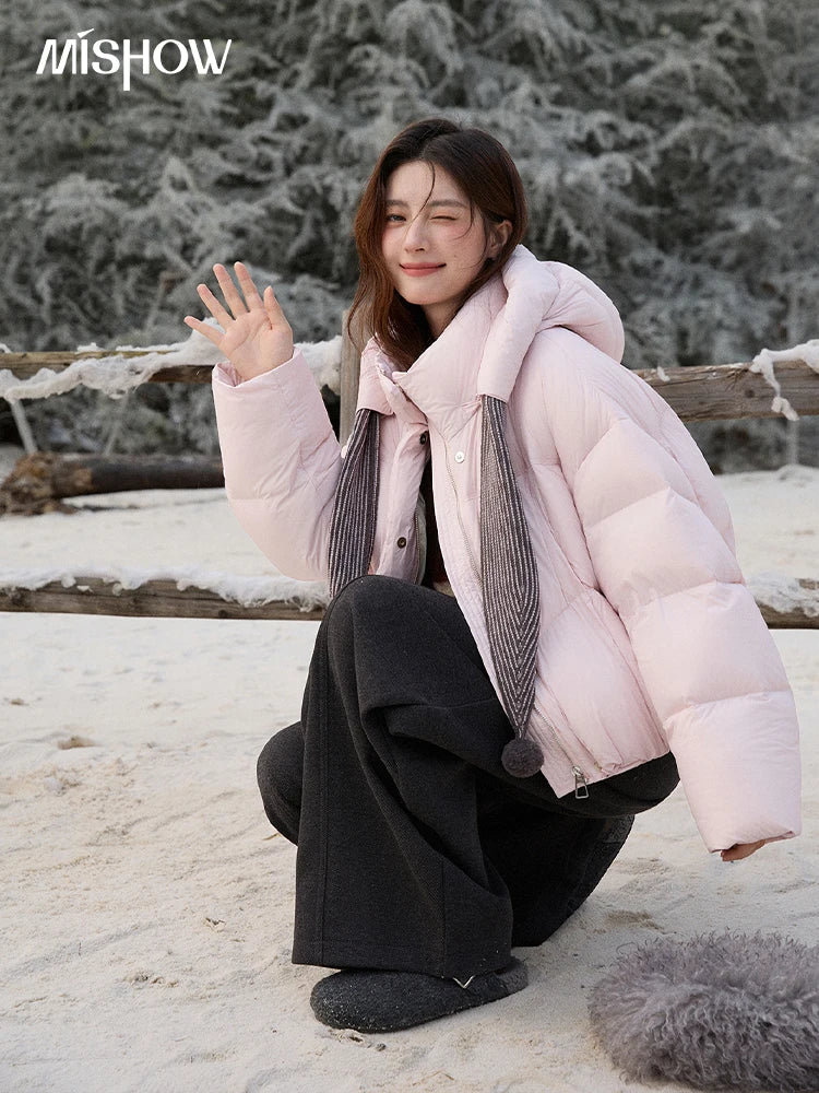 MISHOW Women's Pom-Pom Hooded Down Jacket 2025 Winter Sweet Short Lightweight Down Jackets Warm Windproof Coat MXE92Y0088