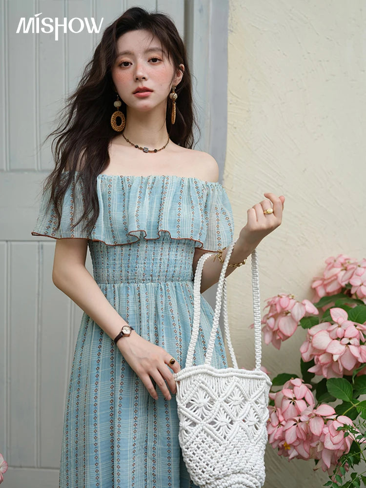 MISHOW Women's Fashion Slash Neck Chiffon Dress 2025 Ladies Elegant Vacation Striped French Dresses Female Clothing MXE39L2380