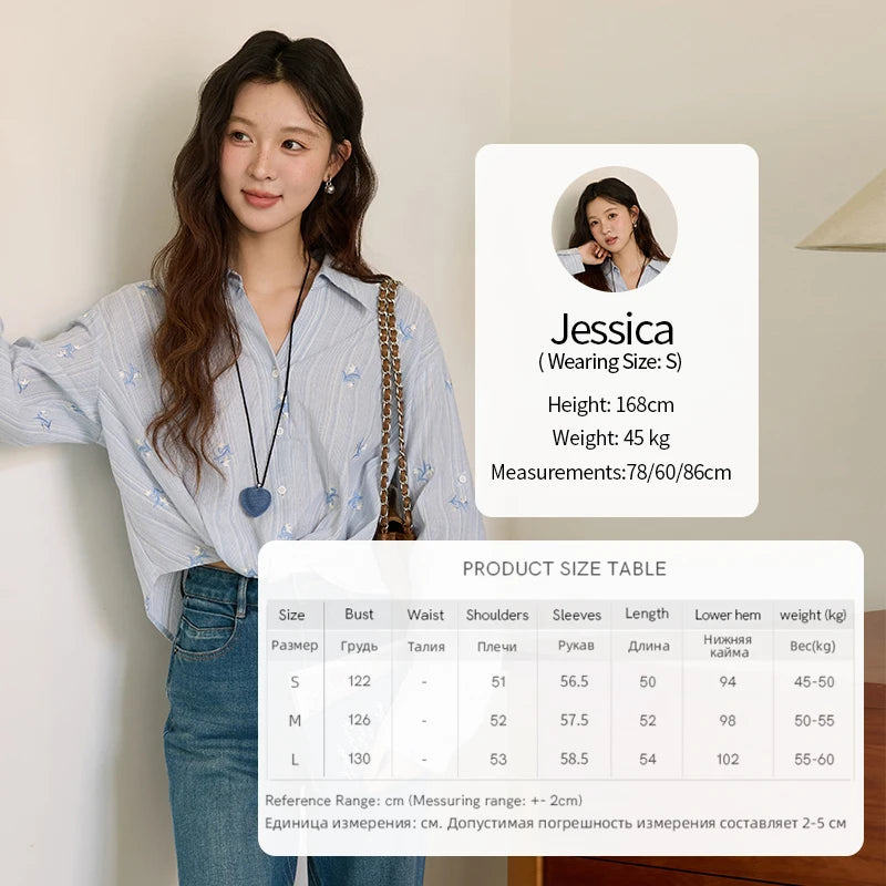 MISHOW Long Sleeve Shirts for Woman 2025 Autumn Retro Blue Single-breasted Blouse Floral Embroidery Casual Tops MXE45X2495