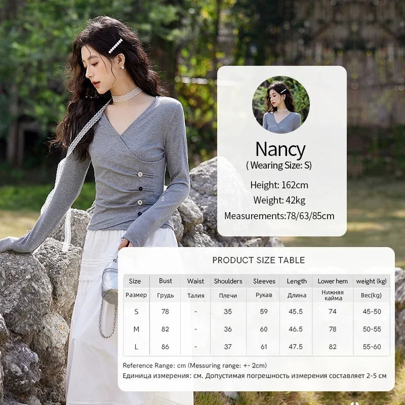 MISHOW Knitted Sweater Solid Color V-neck Long Sleeved Women Spring Summer New Fashion Elastic Slim Tshirt Tops Sweet MXE11Z1076