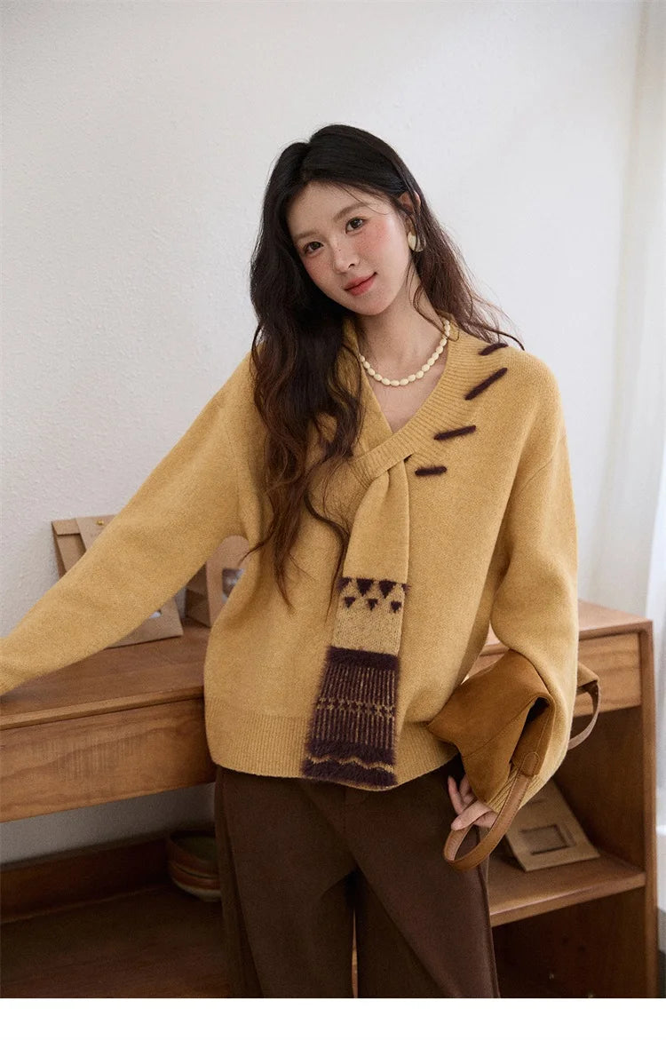 MISHOW Women V-neck Knit Top 2025 French-style Elegant Workwear Long-sleeved Yellow Pullover Women's Winter Clothing MXE87Z2771