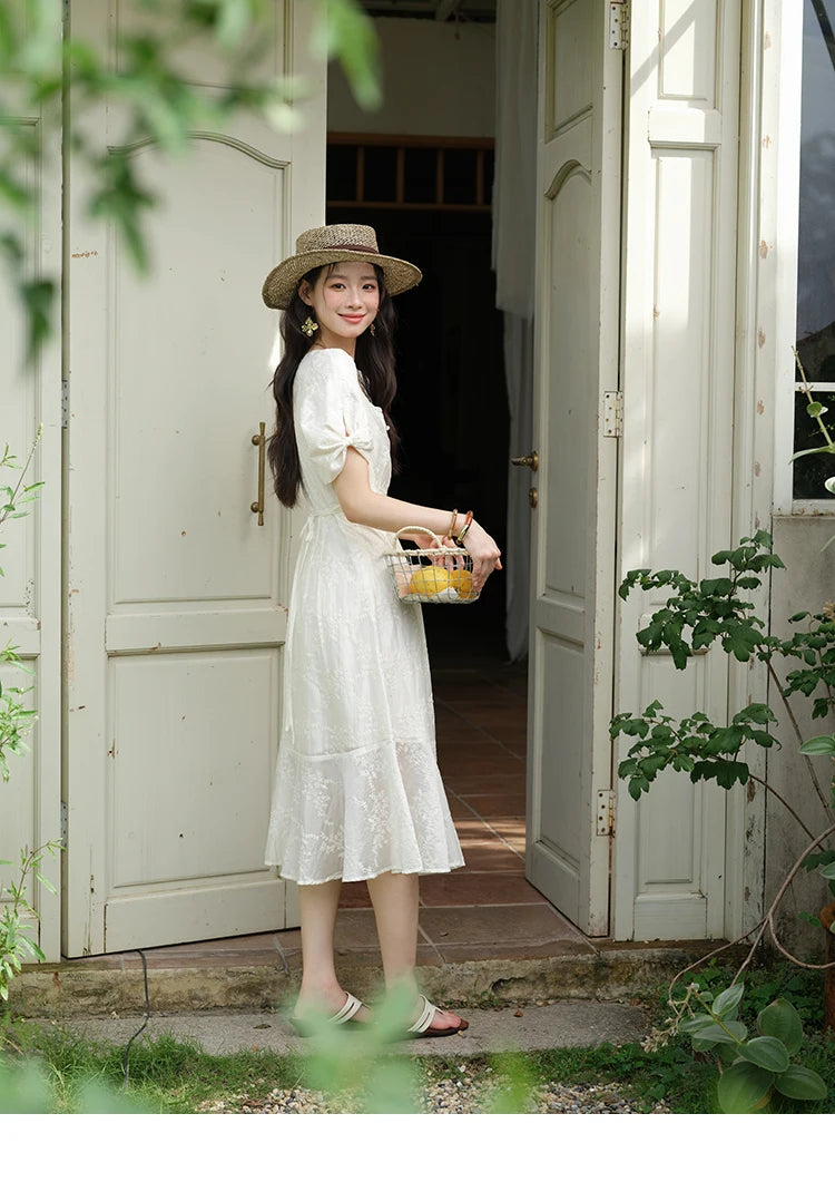 Mishow V-Neck Lace Embroidery Puff Sleeve Dress MXE39L2432