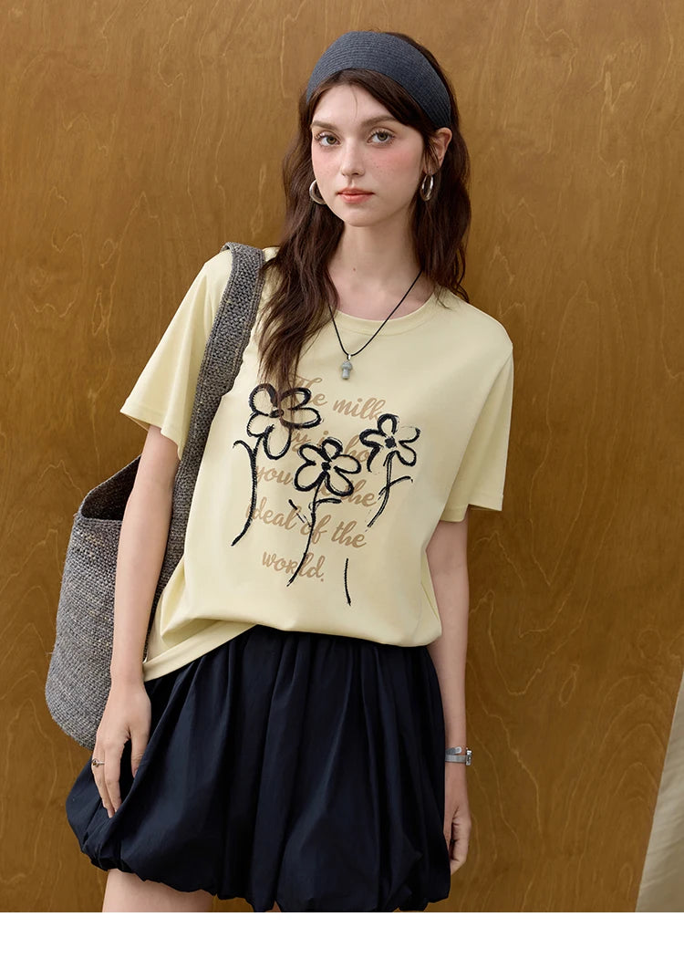 MISHOW Casual Print T-shirts Women Summer 2025 Short Sleeve Round Neck Embroidered Flower Shirt Female Loose Slimming MXE33T0498