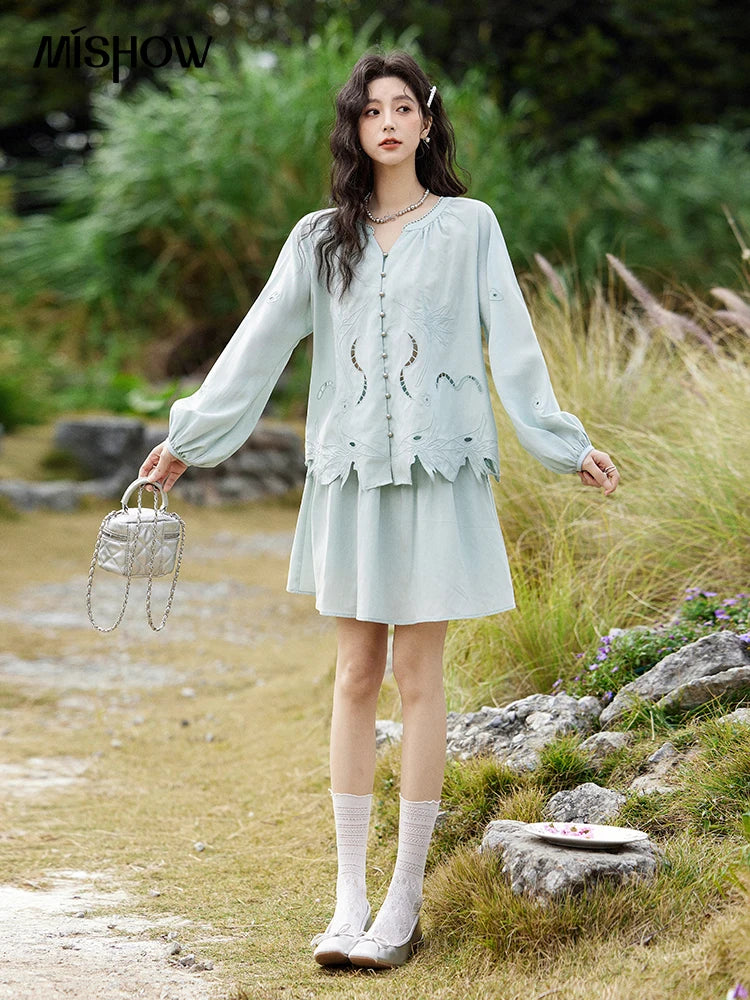 MISHOW Women's Sweet Blouses A-line Skirts Set Vintage Hollow Out Embroidery Loose Shirt Solid Skirt Two-piece Set MXE12T0455