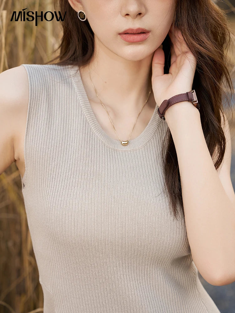 MISHOW Knitted Round Neck Sleeveless Dress for Women 2025 Autumn French Slim Fit Waist Solid A-LINE Pullover Dresses MXC43L1590