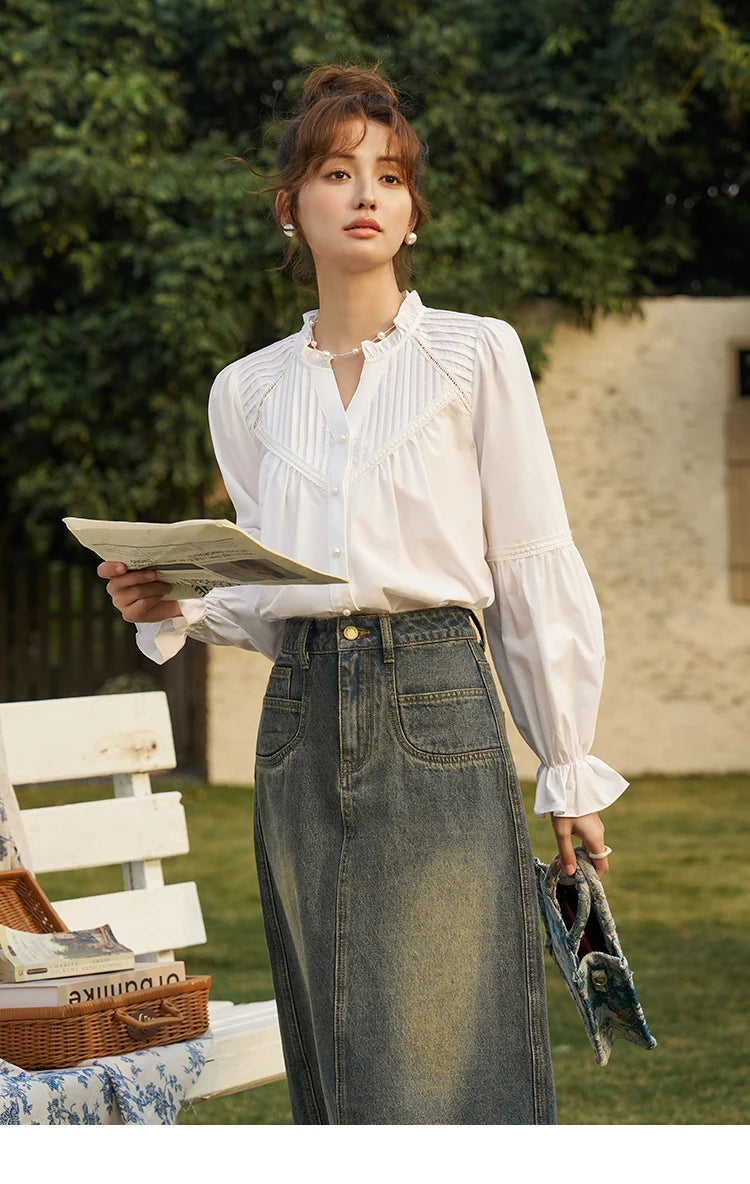 MISHOW French Organ Pleated V-neck Shirt 2025 Autumn Petal Patchwork Ruffle Sleeve Solid Pearl Single Breasted Tops MXD13X1354