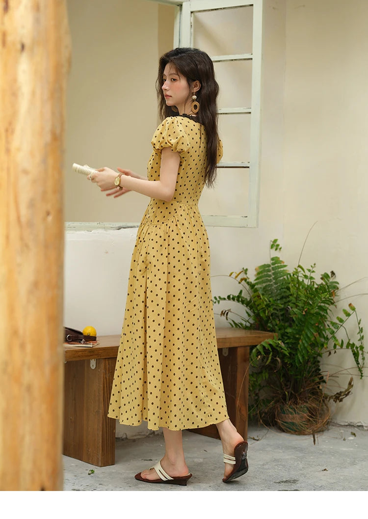 MISHOW Women's Casual Polka Dot Dress 2025 Summer New Ladies Puff Sleeve V-neck Lace Up Ruffle Edge Pocket Dresses MXE39L2326