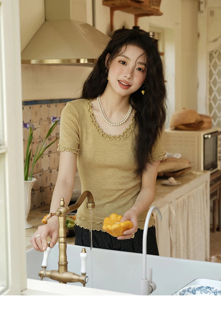 MISHOW Women's Round Neck Knit T-shirt Summer 2025 Fashion Ear Edge Short Top Casual Short Sleeve Tee Female Clothing MXE32Z1233