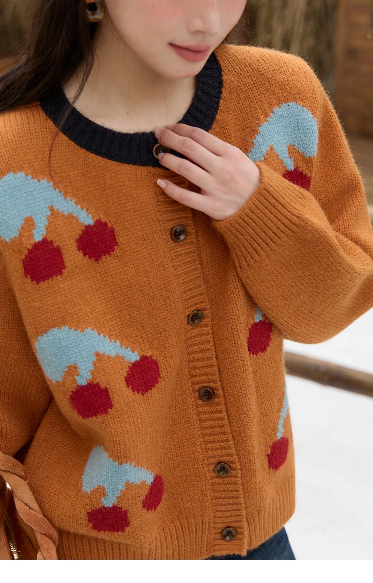 MISHOW Cherry Jacquard Knitted Cardigan for Women 2025 Winter Retro Sweet Round Neck Long Sleeves Sweater Commute Top MXE88Z2689