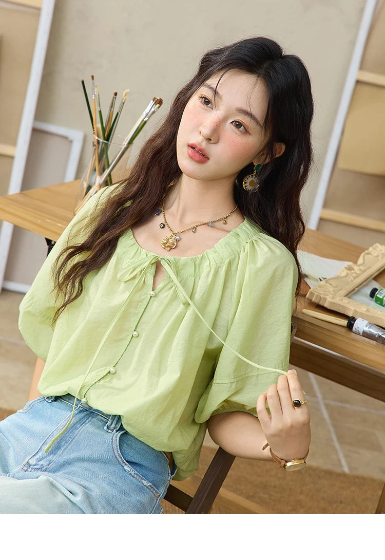 MISHOW Women's Round Neck Blouse 2025 Summer New Fashion Lace Up Puff Sleeve Casual Chiffon Top Ladies Clothing MXE36X1875