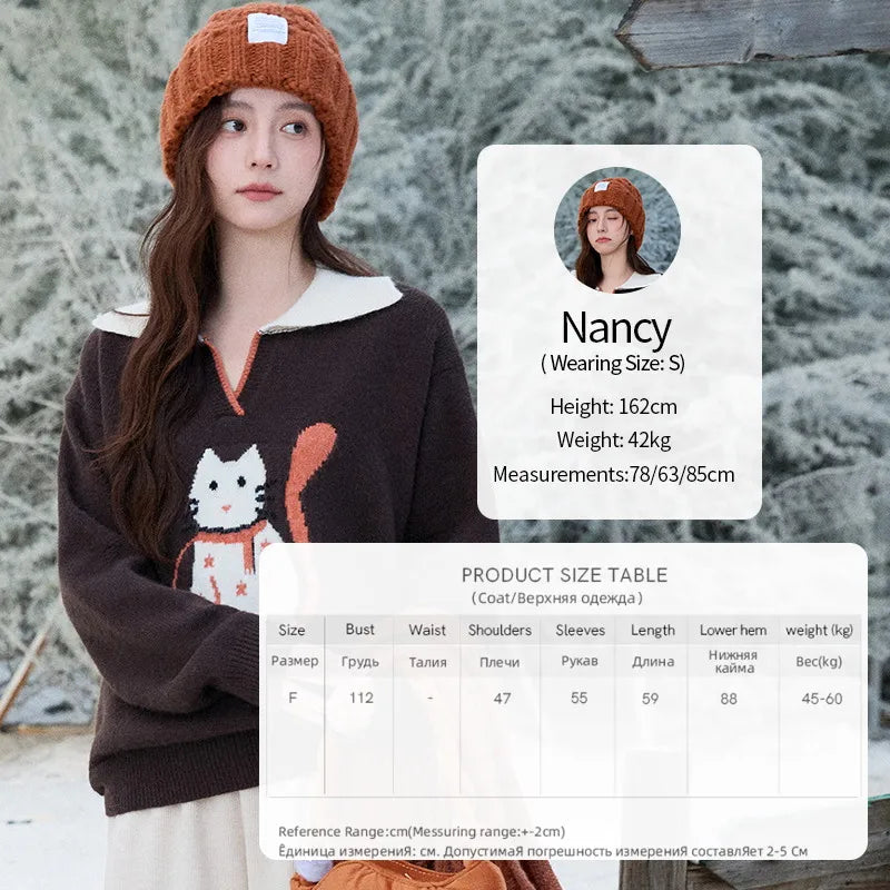 MISHOW Women's Retro Arctic Fleece Cat Sweater 2025 Autumn Winter Color Block Lapel 3D Jacquard Thick Knitted Top MXE90Z2835