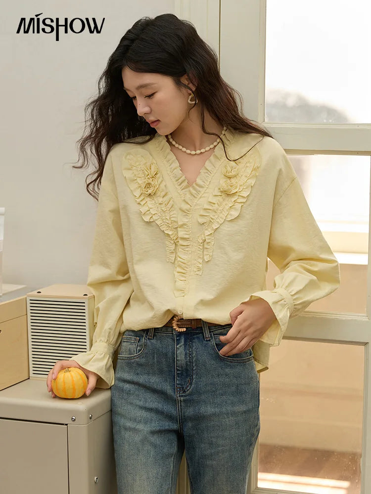 MISHOW Hand Sewn Rose Blouse for Women Autumn 2025 V-neck Edible Tree Fungus Edge Tops Sweet Lantern Sleeves Blouses MXE44X2470