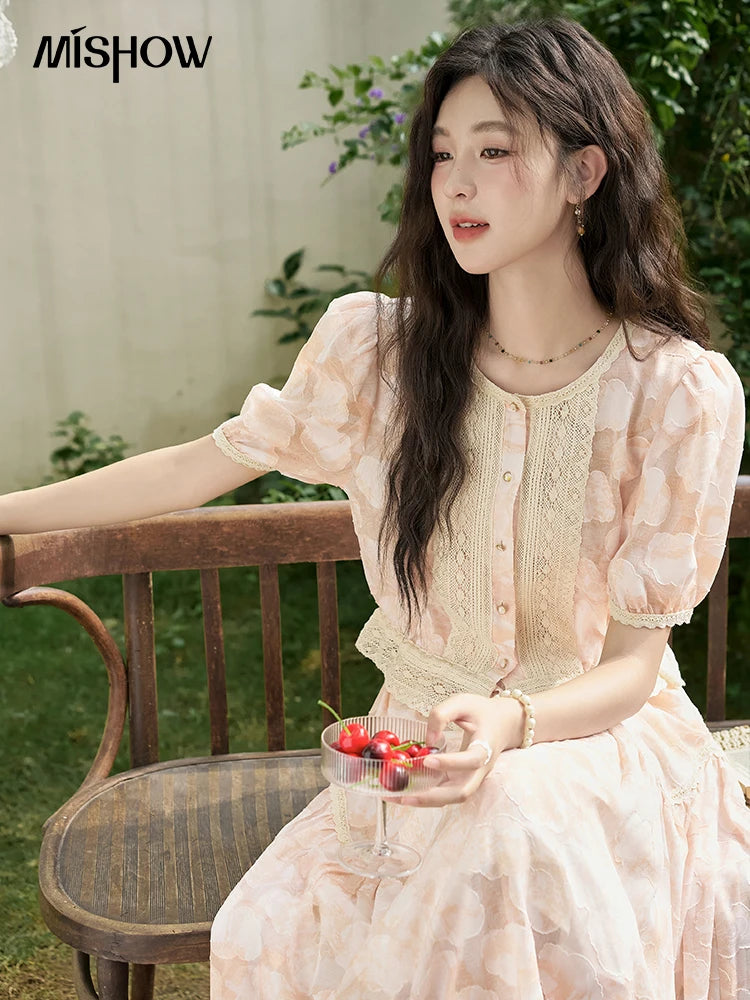MISHOW French Embroidered Lace Blouses Skirt Matching Separately 2024 Summer Bubble Sleeve Top Elastic Waist Skirts MXD23X1428