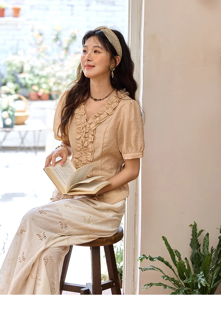 MISHOW V-Neck Blouse Puff Sleeve Fungus Edge Slim MXE35X1841