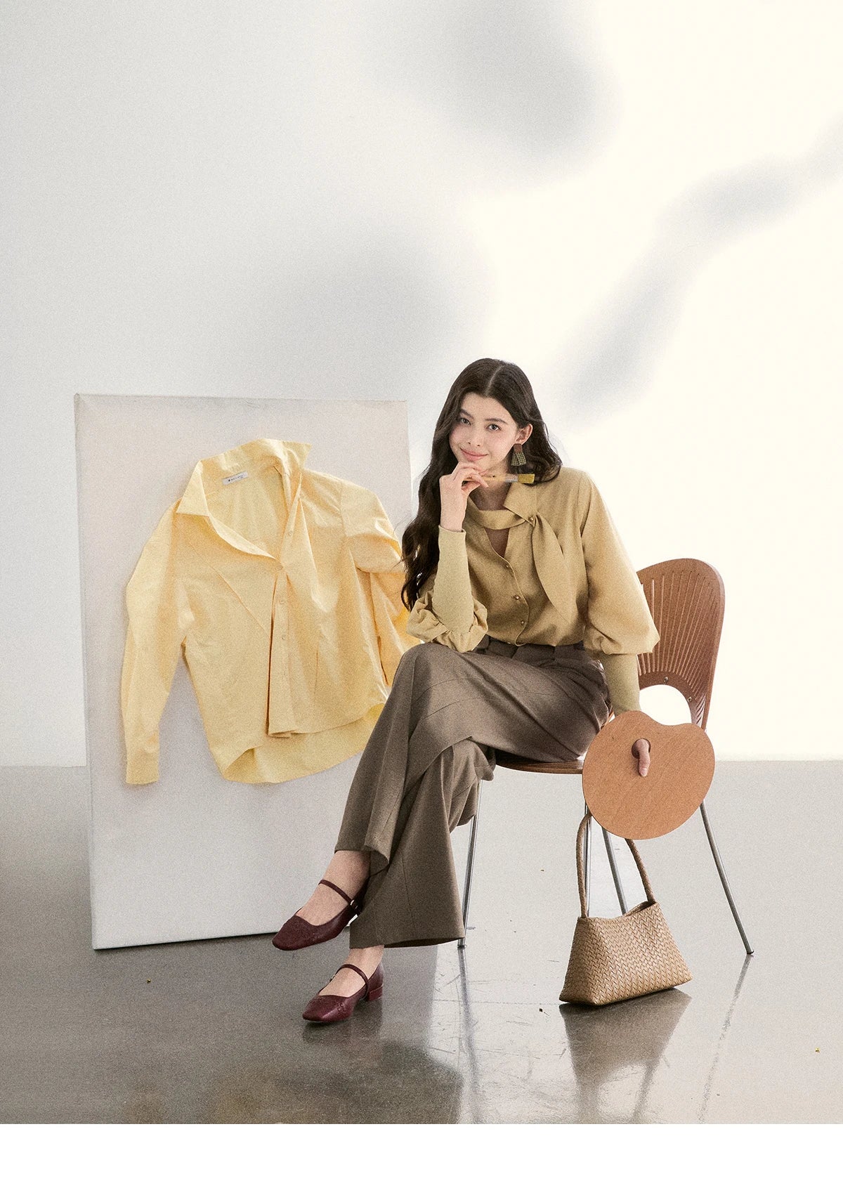 MISHOW Women's Tie Neck Shirts Spring Hollow-out Knitted Patchwork Puff Sleeve Tops Casual Elegant Shirt Office Lady MXF108C0812