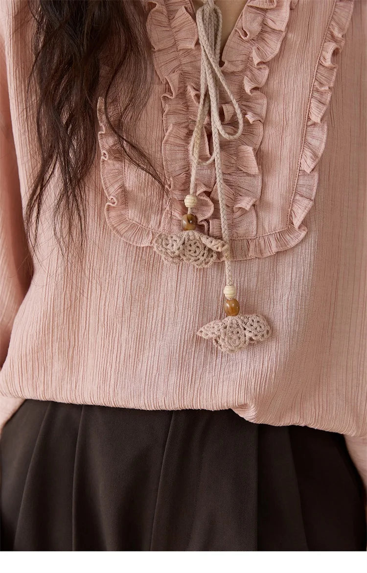 MISHOW Women's Pink Blouse 2025 Autumn Elegant Fold Edge V-collar Bubble Sleeve Top Loose Casual Commute Blouses MXE45X2485