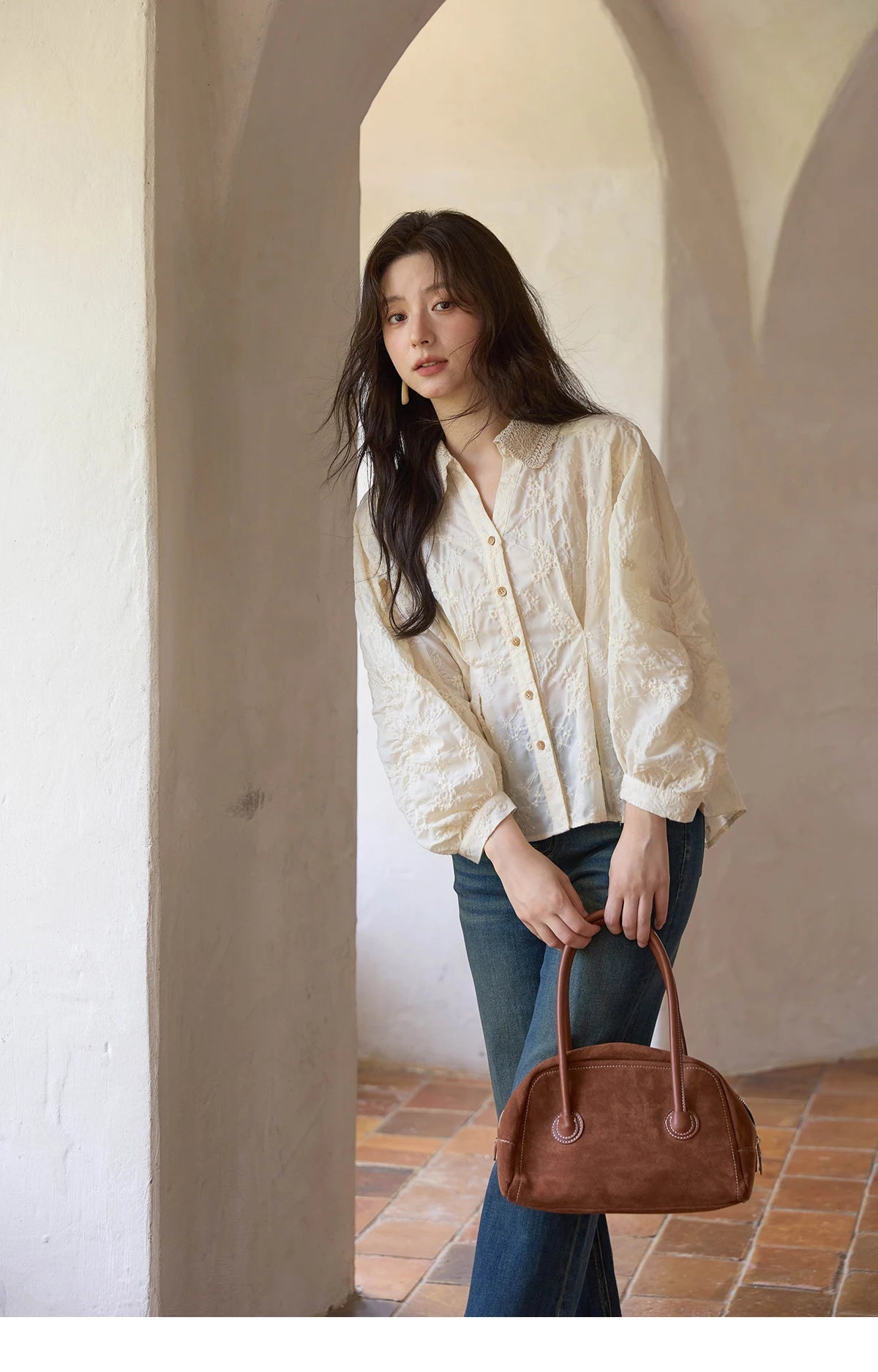 MISHOW Women's Lantern Sleeve Blouse 2025 Autumn French Lace Hollow Out Lapel Collar Shirts Waist Hem Ruffle Tops MXE42C2372