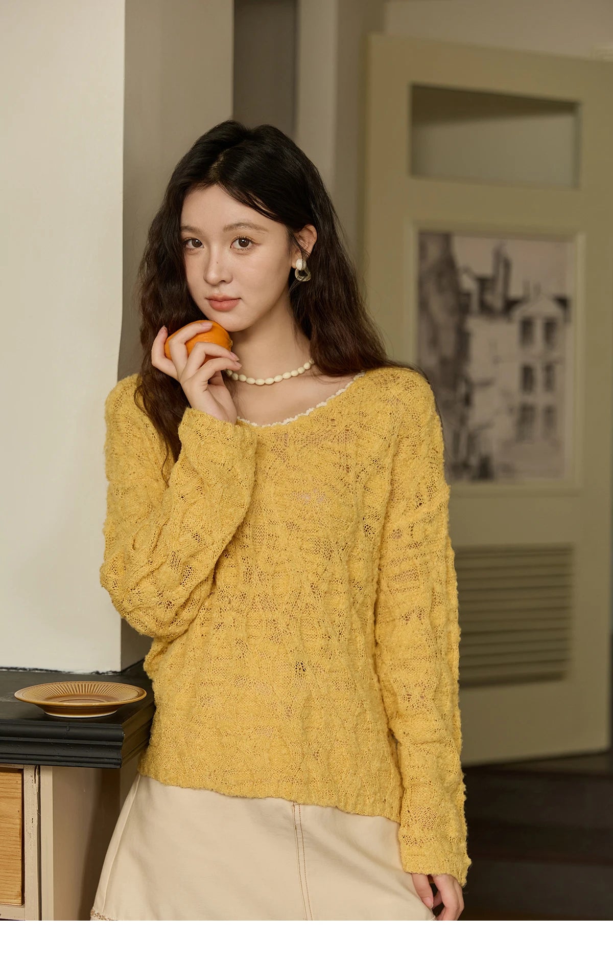 MISHOW Bamboo Loop Yarn Knitted Sweater for Women Autumn 2025 Hollow V-neck Lace Sweater Casual Solid Pullovers Tops MXE43Z1349