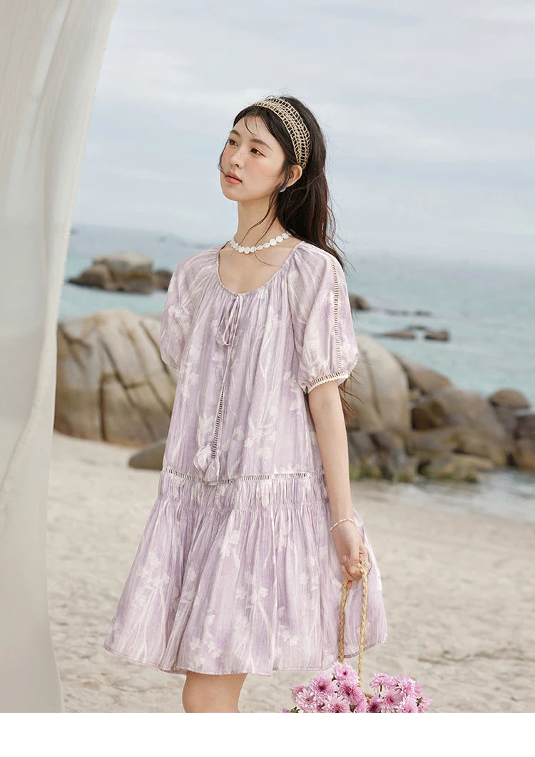 MISHOW Print Summer Chiffon Dress Women 2025 Short Sleeve U Neck Splicing Hollow Lace Midi Dresses Lady New Fashion MXE32L2164