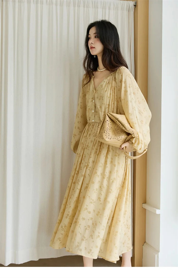 MISHOW Yellow Printing Dress for Woman 2025 Autumn Elegant Lace Lantern Sleeve Waist Slim Long Dress V-neck Dress MXE47L2527